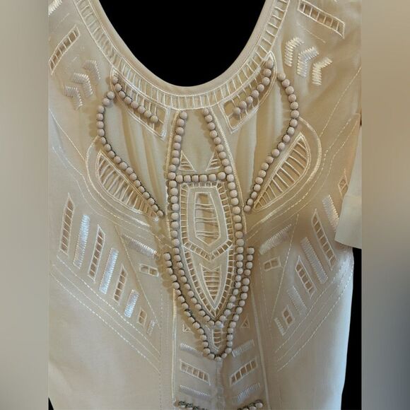 Bebe Embroidered Hand Beaded Draped sleeves Pink blush Sheer Blouse XL - Picture 3 of 13